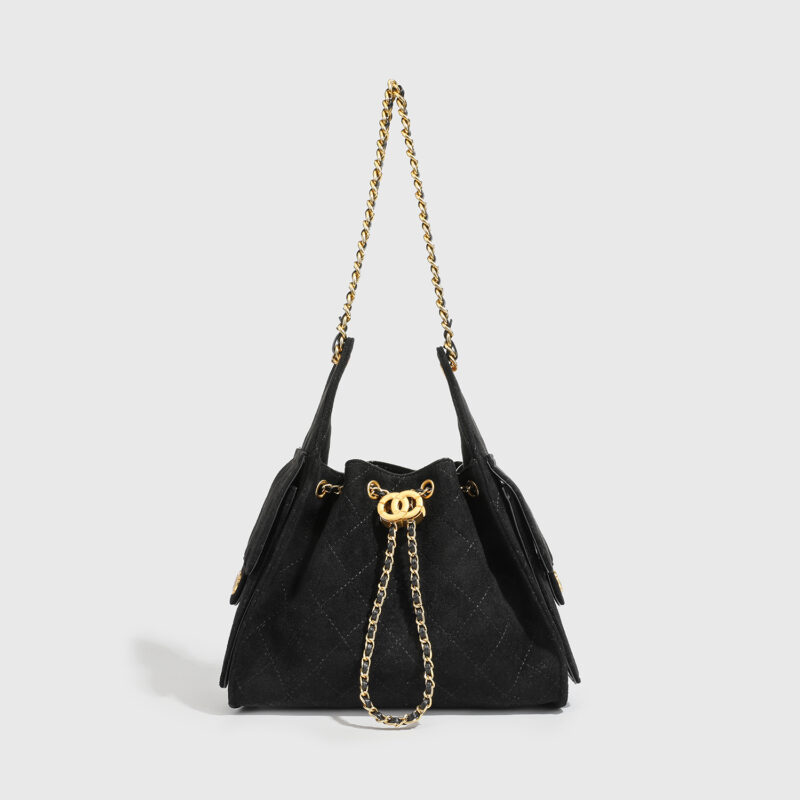 Women's Vegan Leather Quilted Drawstring Chain Hobo Shoulder Bag with Gold Hardware