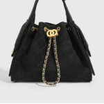 Women's Vegan Leather Quilted Drawstring Chain Hobo Shoulder Bag with Gold Hardware