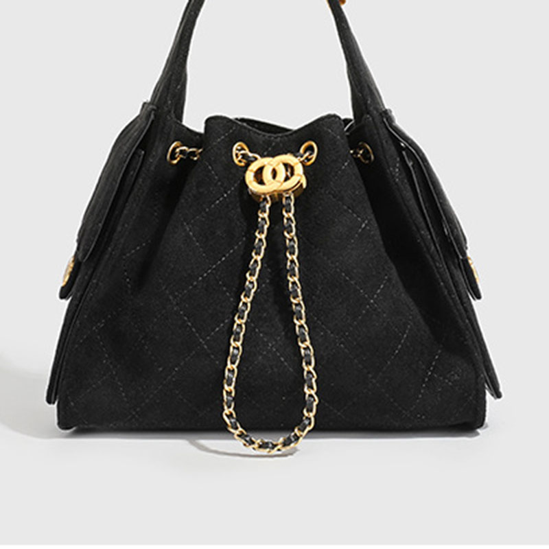 Women's Vegan Leather Quilted Drawstring Chain Hobo Shoulder Bag with Gold Hardware
