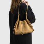 Women's Vegan Leather Quilted Drawstring Chain Hobo Shoulder Bag with Gold Hardware