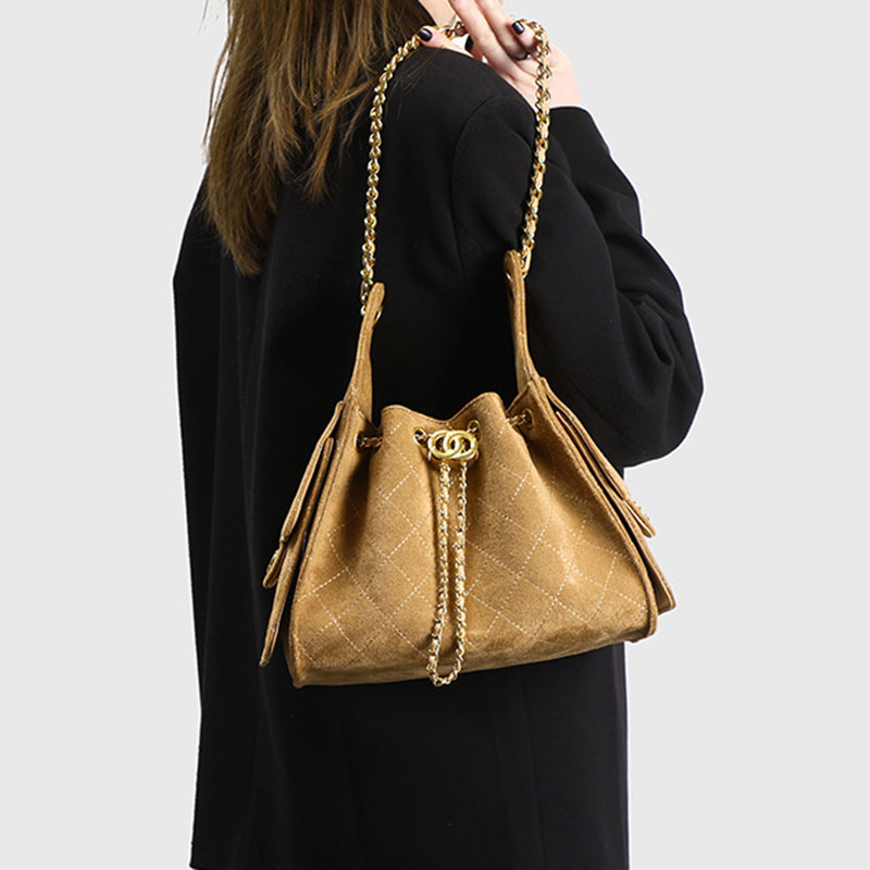Women's Vegan Leather Quilted Drawstring Chain Hobo Shoulder Bag with Gold Hardware