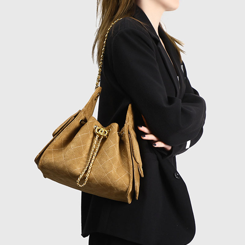 Women's Vegan Leather Quilted Drawstring Chain Hobo Shoulder Bag with Gold Hardware