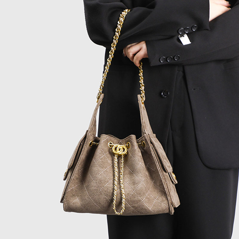 Women's Vegan Leather Quilted Drawstring Chain Hobo Shoulder Bag with Gold Hardware