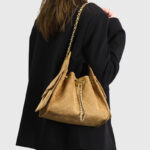 Women's Vegan Leather Quilted Drawstring Chain Hobo Shoulder Bag with Gold Hardware