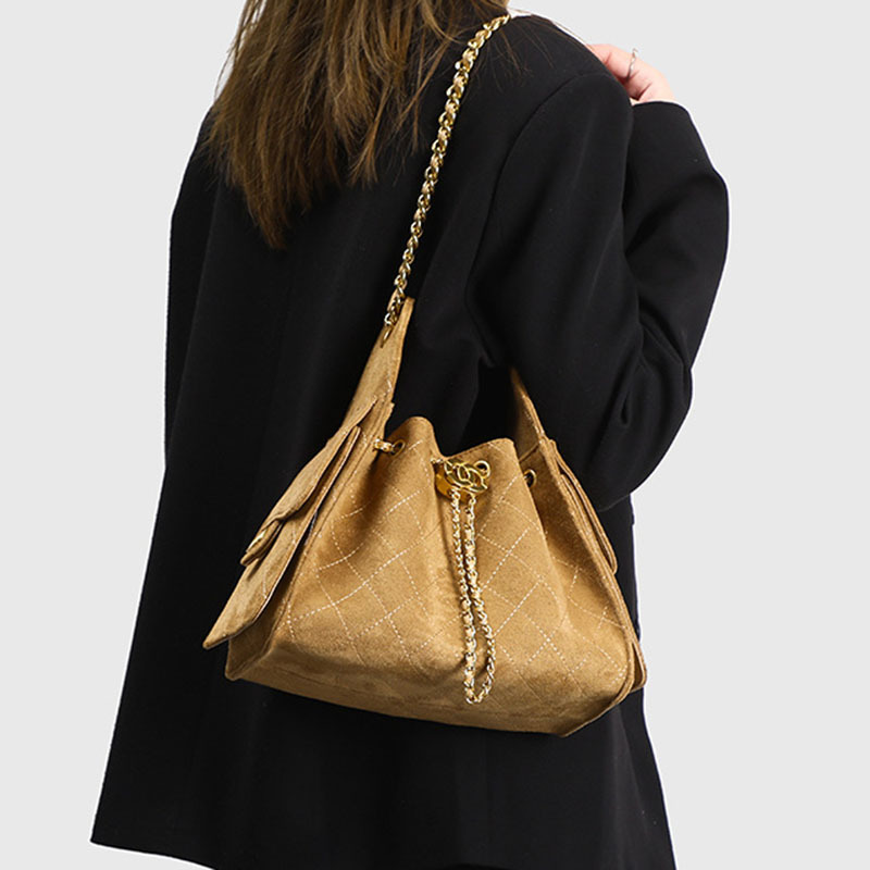 Women's Vegan Leather Quilted Drawstring Chain Hobo Shoulder Bag with Gold Hardware
