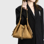 Women's Vegan Leather Quilted Drawstring Chain Hobo Shoulder Bag with Gold Hardware