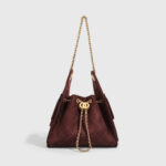 Women's Vegan Leather Quilted Drawstring Chain Hobo Shoulder Bag with Gold Hardware