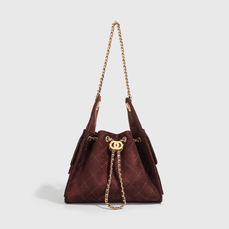 Women's Vegan Leather Quilted Drawstring Chain Hobo Shoulder Bag with Gold Hardware