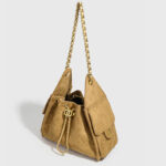 Women's Vegan Leather Quilted Drawstring Chain Hobo Shoulder Bag with Gold Hardware