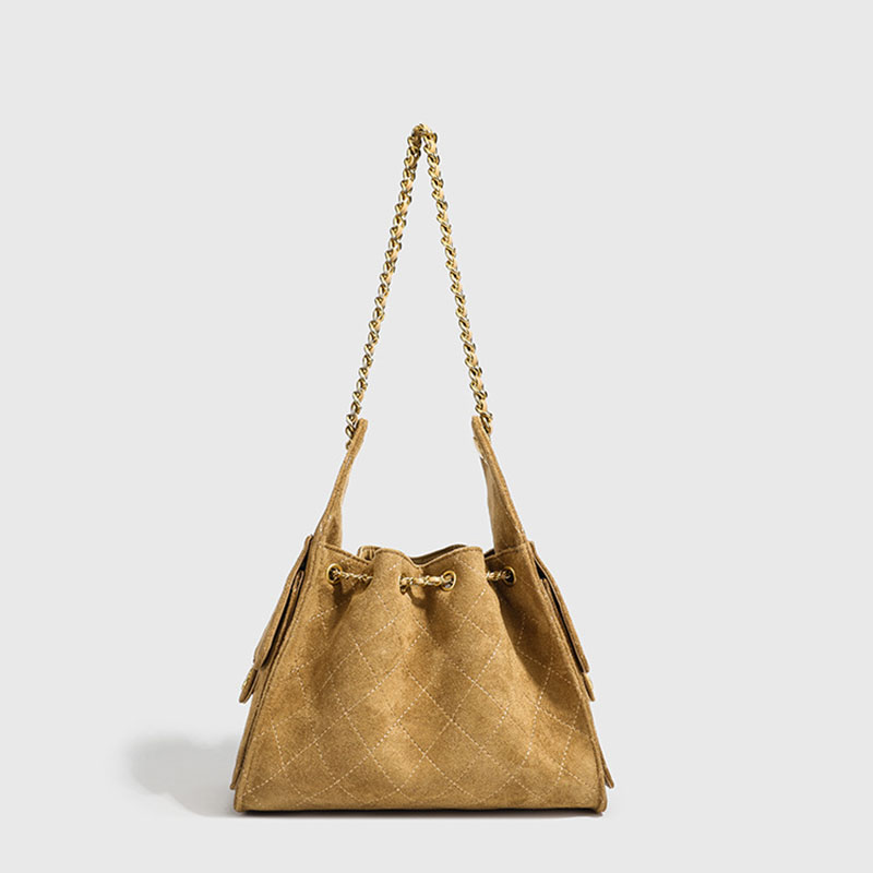 Women's Vegan Leather Quilted Drawstring Chain Hobo Shoulder Bag with Gold Hardware