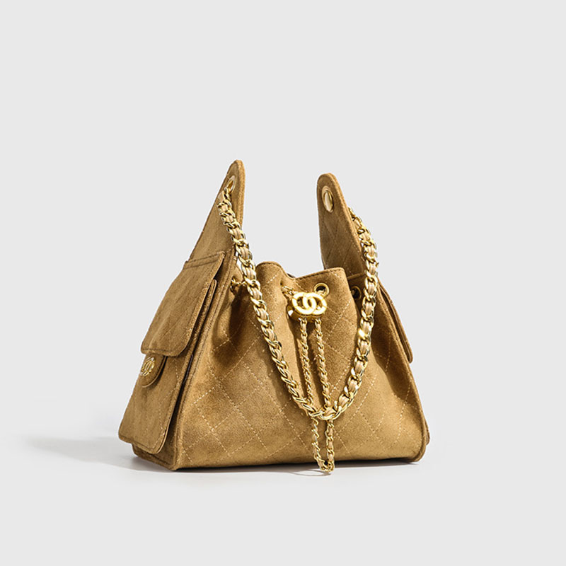 Women's Vegan Leather Quilted Drawstring Chain Hobo Shoulder Bag with Gold Hardware