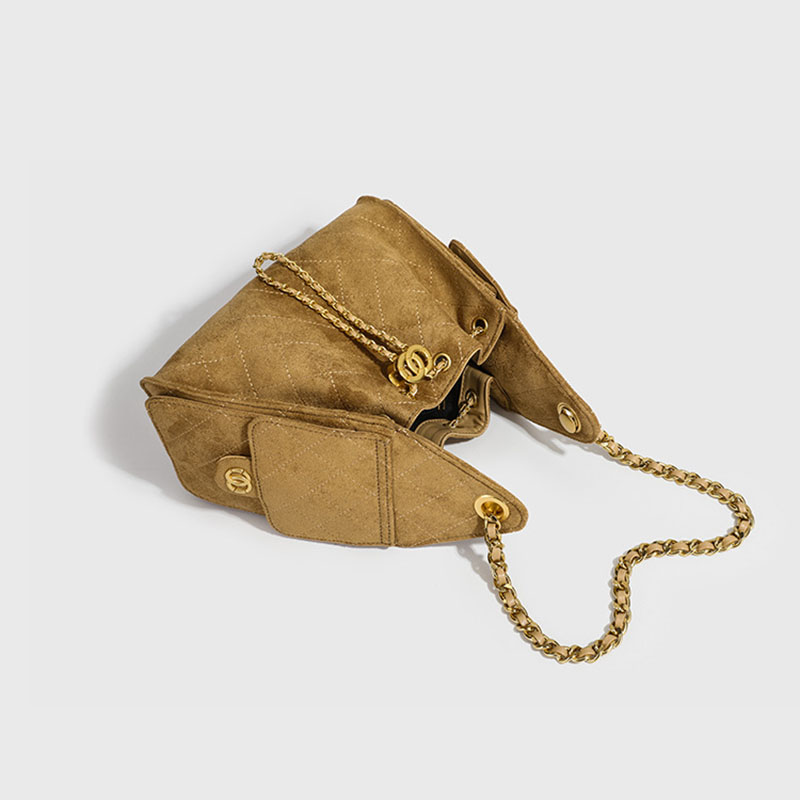 Women's Vegan Leather Quilted Drawstring Chain Hobo Shoulder Bag with Gold Hardware
