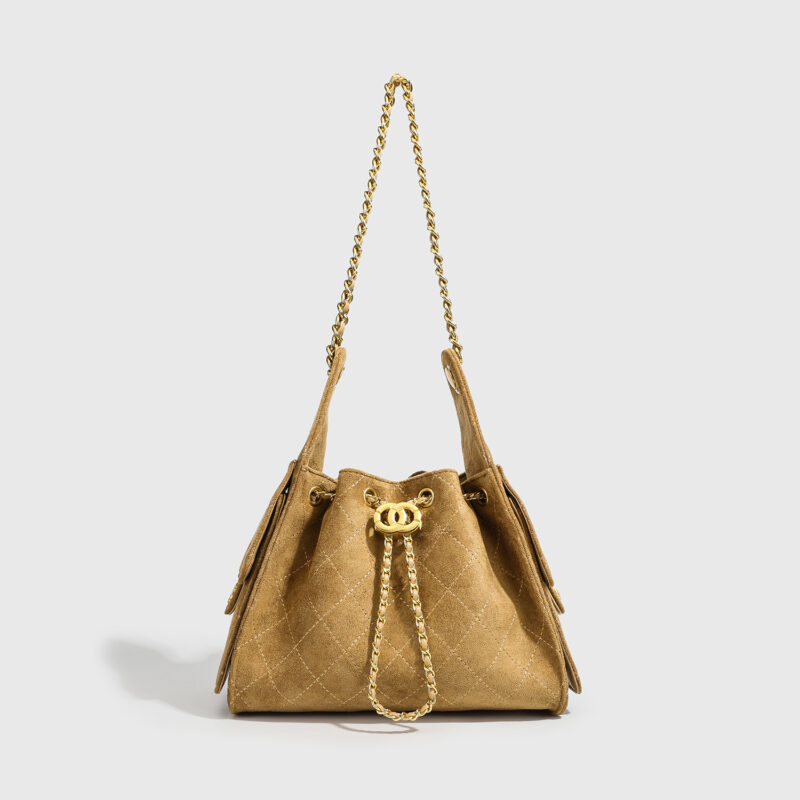 Damen PU gesteppt Drawstring Kette Hobo Schultertasche mit Gold Hardware