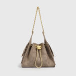 Women's Vegan Leather Quilted Drawstring Chain Hobo Shoulder Bag with Gold Hardware