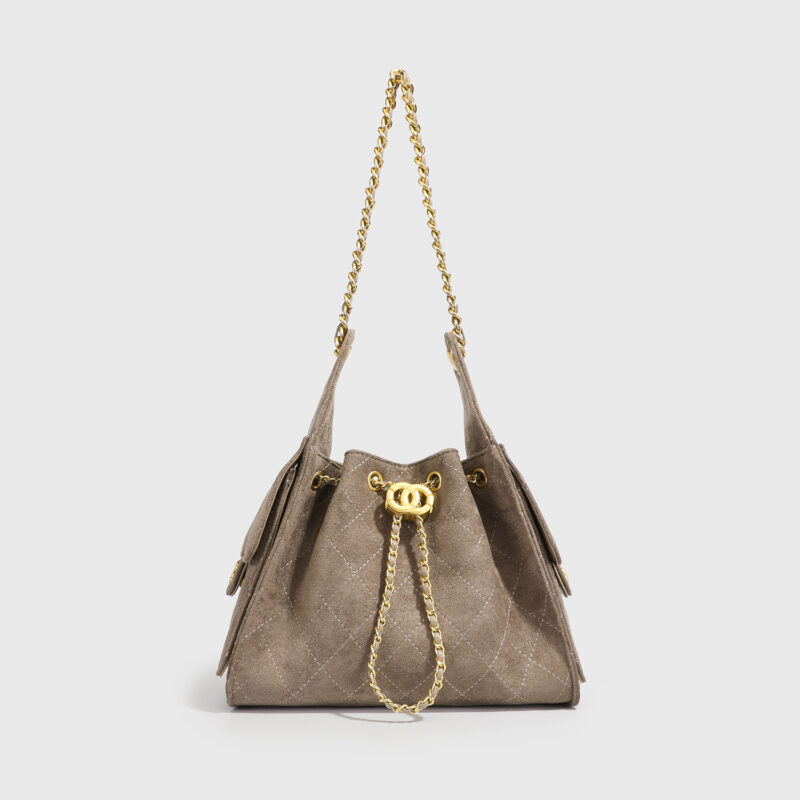 Women's Vegan Leather Quilted Drawstring Chain Hobo Shoulder Bag with Gold Hardware