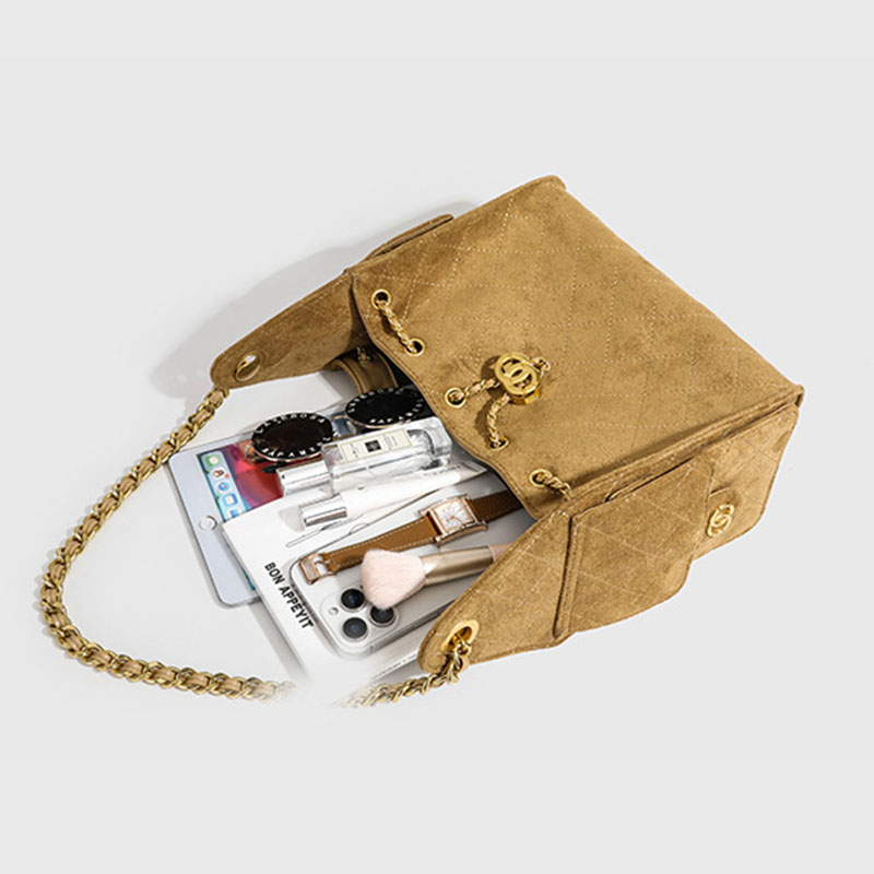 Women's Vegan Leather Quilted Drawstring Chain Hobo Shoulder Bag with Gold Hardware