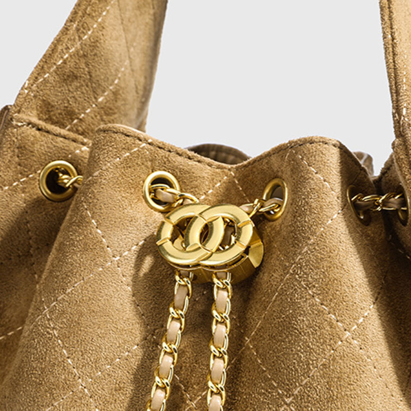 Women's Vegan Leather Quilted Drawstring Chain Hobo Shoulder Bag with Gold Hardware