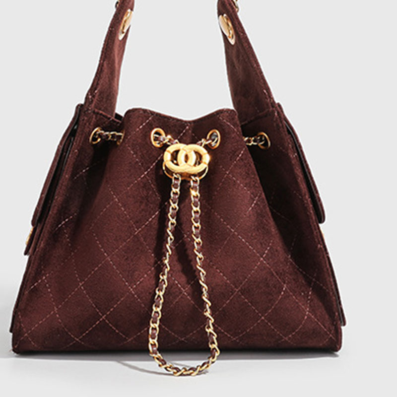 Women's Vegan Leather Quilted Drawstring Chain Hobo Shoulder Bag with Gold Hardware
