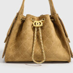 Women's Vegan Leather Quilted Drawstring Chain Hobo Shoulder Bag with Gold Hardware