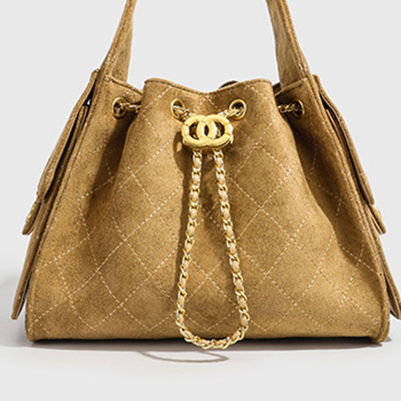 Women's Vegan Leather Quilted Drawstring Chain Hobo Shoulder Bag with Gold Hardware