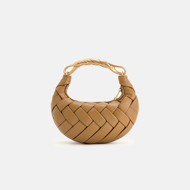 Women's Small Vegan Leather Woven Metal Handle Handbag with Crossbody Strap