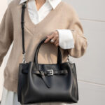 Women's Split Leather Buckle Shoulder Crossbody Tote Bag