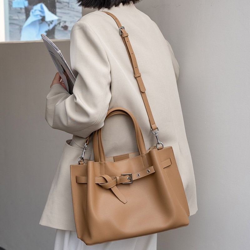 Women's Split Leather Buckle Shoulder Crossbody Tote Bag