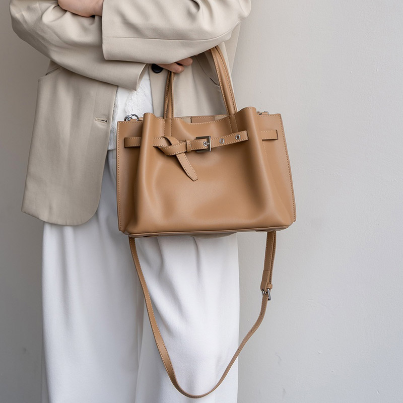 Women's Split Leather Buckle Shoulder Crossbody Tote Bag