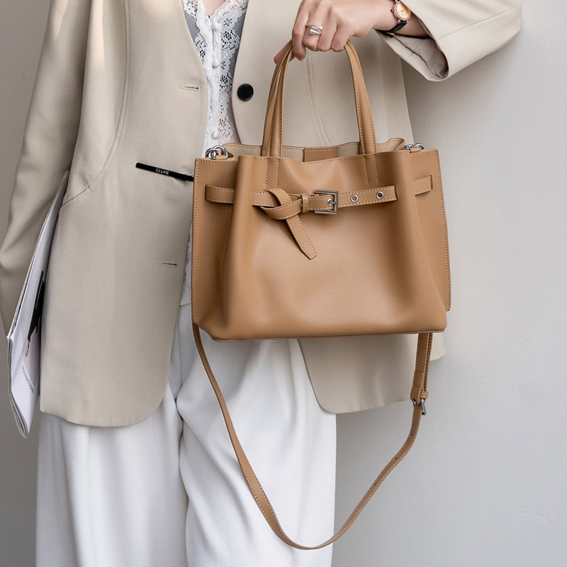 Women's Split Leather Buckle Shoulder Crossbody Tote Bag