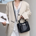Women's Split Leather Turn-Lock Crossbody Bucket Handbag