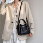 Women's Split Leather Turn-Lock Crossbody Bucket Handbag