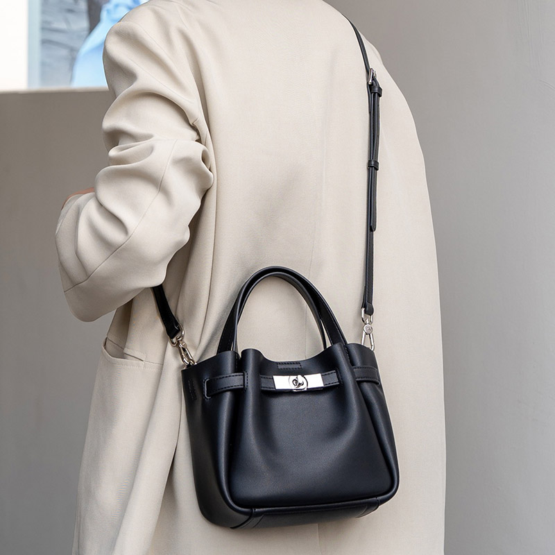 Women's Split Leather Turn-Lock Crossbody Bucket Handbag