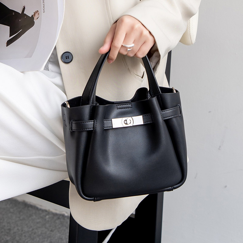 Women's Split Leather Turn-Lock Crossbody Bucket Handbag