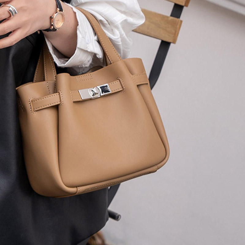 Women's Split Leather Turn-Lock Crossbody Bucket Handbag