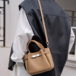 Women's Split Leather Turn-Lock Crossbody Bucket Handbag