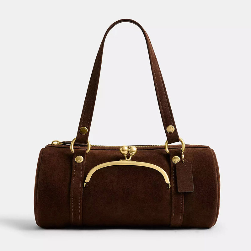 Damen Wildleder PU Rund Zylinder Boston Schulter Baguette Tasche mit Gold Hardware