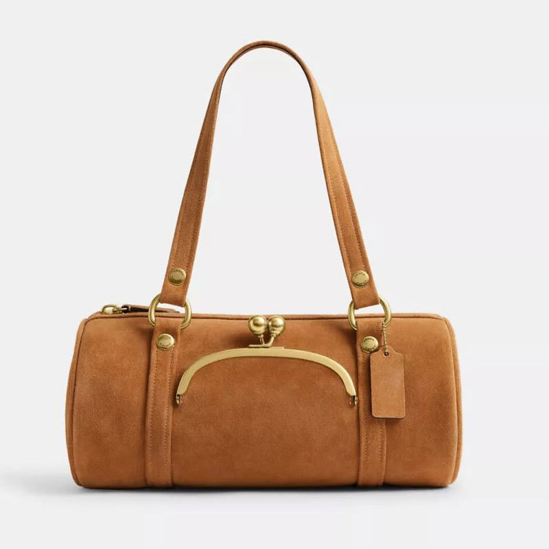Damen Wildleder PU Rund Zylinder Boston Schulter Baguette Tasche mit Gold Hardware