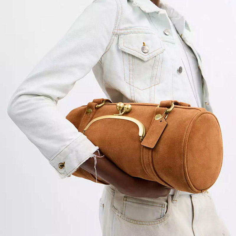 Damen Wildleder PU Rund Zylinder Boston Schulter Baguette Tasche mit Gold Hardware