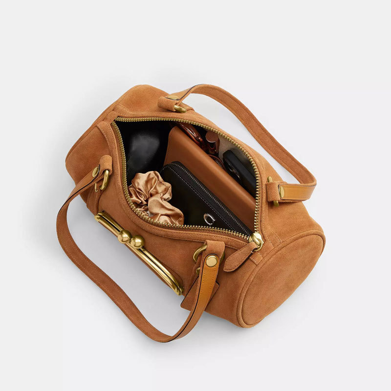 Damen Wildleder PU Rund Zylinder Boston Schulter Baguette Tasche mit Gold Hardware