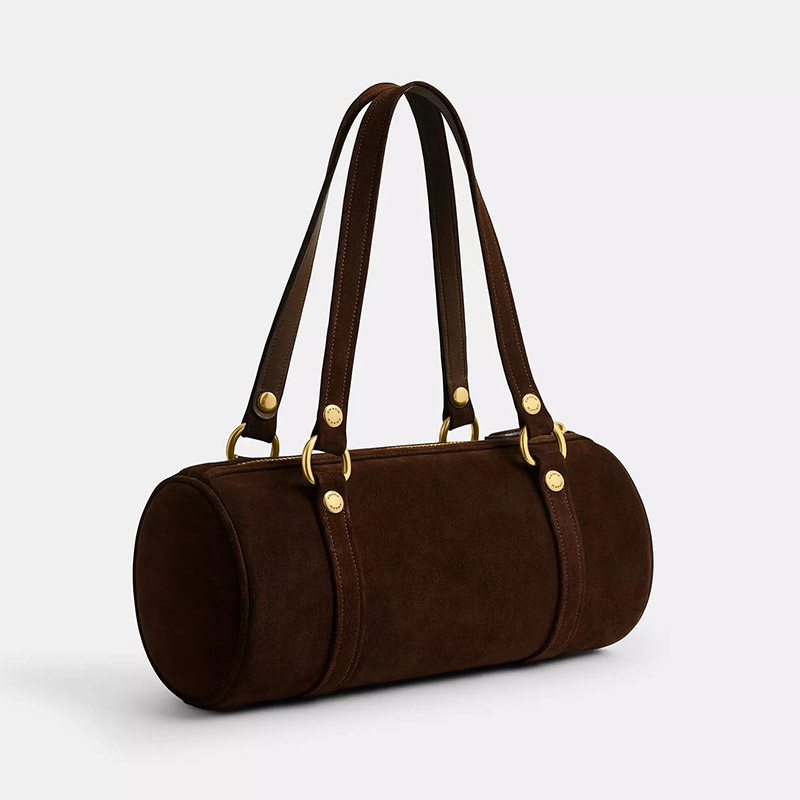 Damen Wildleder PU Rund Zylinder Boston Schulter Baguette Tasche mit Gold Hardware