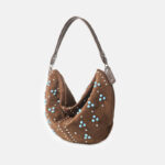 Women's Suede Vegan Leather Studded Hobo Shoulder Bag with Crossbody Strap
