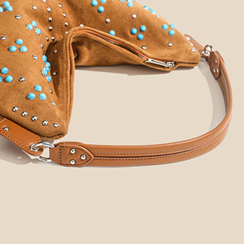 Women's Suede Vegan Leather Studded Hobo Shoulder Bag with Crossbody Strap