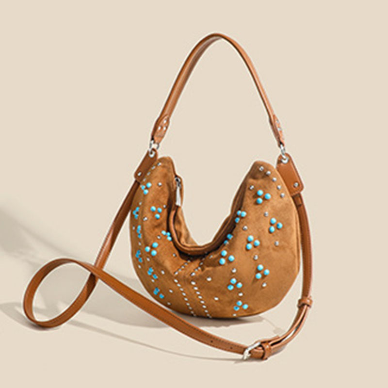 Women's Suede Vegan Leather Studded Hobo Shoulder Bag with Crossbody Strap
