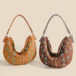 Women's Suede Vegan Leather Studded Hobo Shoulder Bag with Crossbody Strap