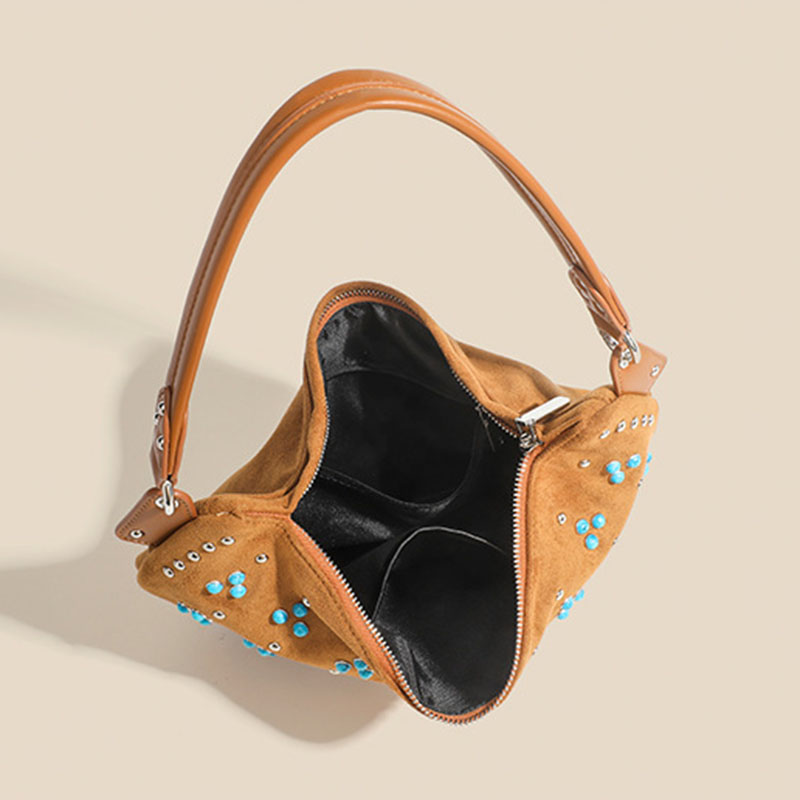 Women's Suede Vegan Leather Studded Hobo Shoulder Bag with Crossbody Strap
