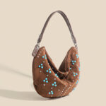 Women's Suede Vegan Leather Studded Hobo Shoulder Bag with Crossbody Strap