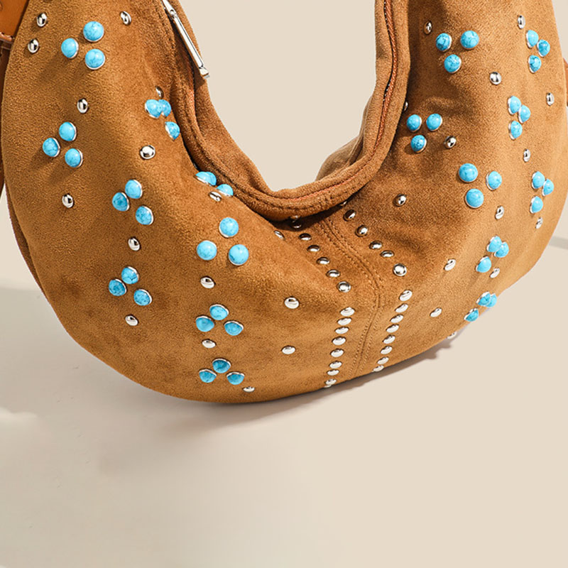 Women's Suede Vegan Leather Studded Hobo Shoulder Bag with Crossbody Strap