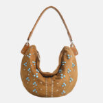 Women's Suede Vegan Leather Studded Hobo Shoulder Bag with Crossbody Strap