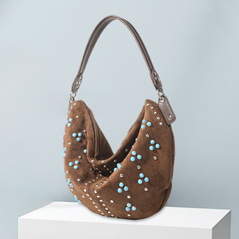 Women's Suede Vegan Leather Studded Hobo Shoulder Bag with Crossbody Strap