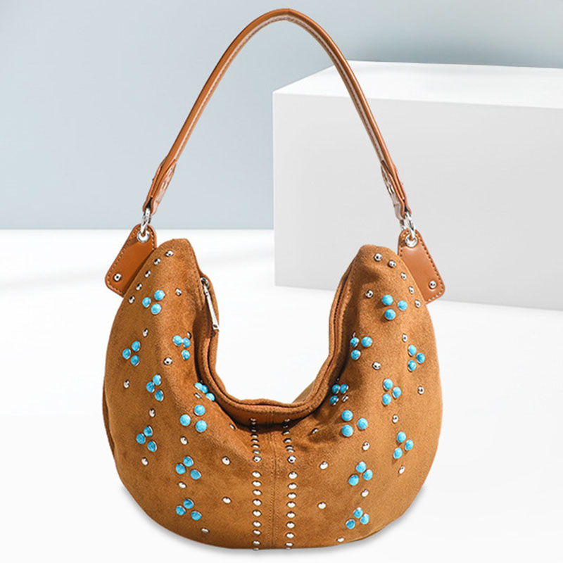 Women's Suede Vegan Leather Studded Hobo Shoulder Bag with Crossbody Strap